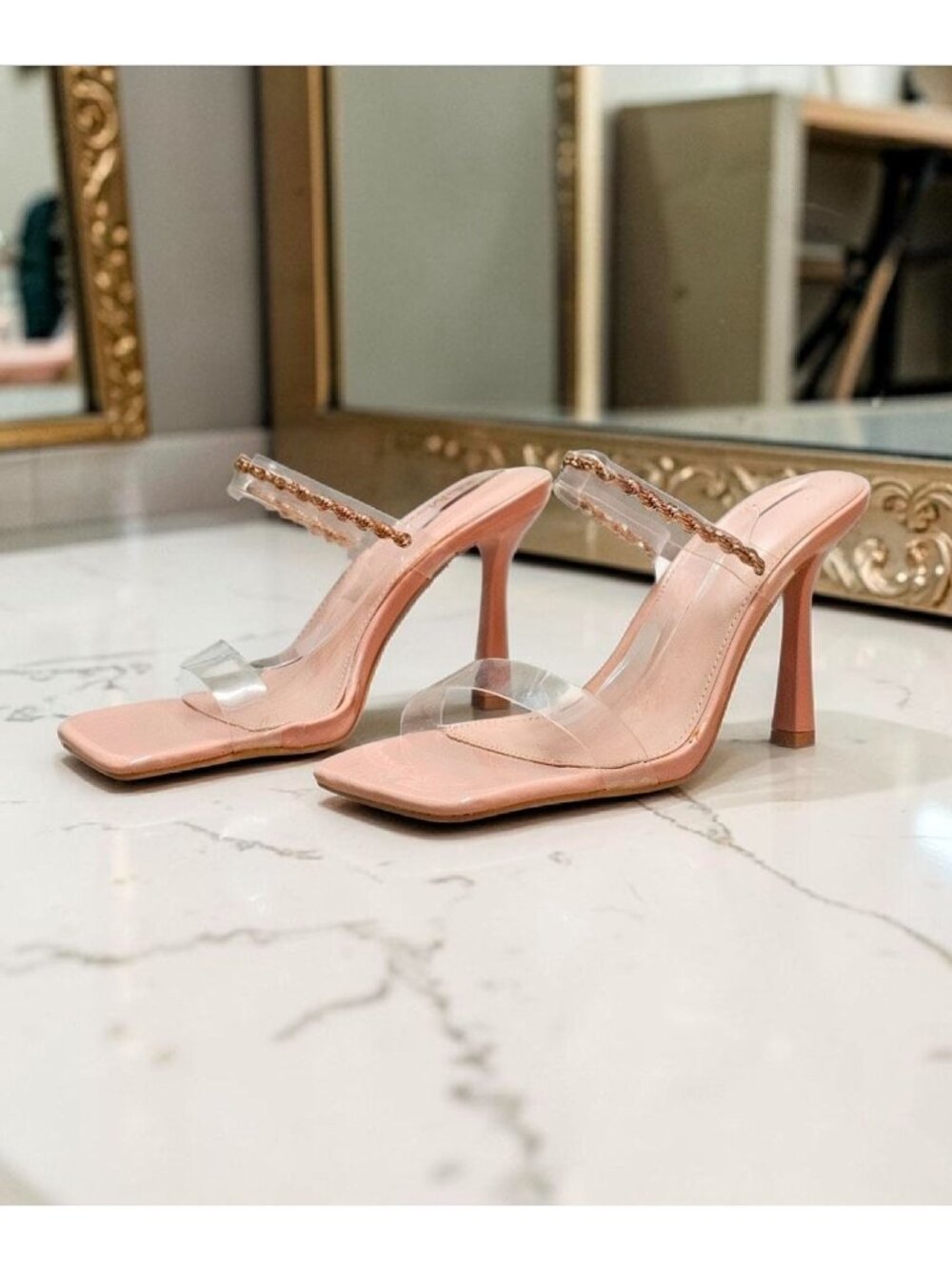 Clear Strap Stiletto Heel Sandals With Chain Detail In Nude Chic Square Toe Desi